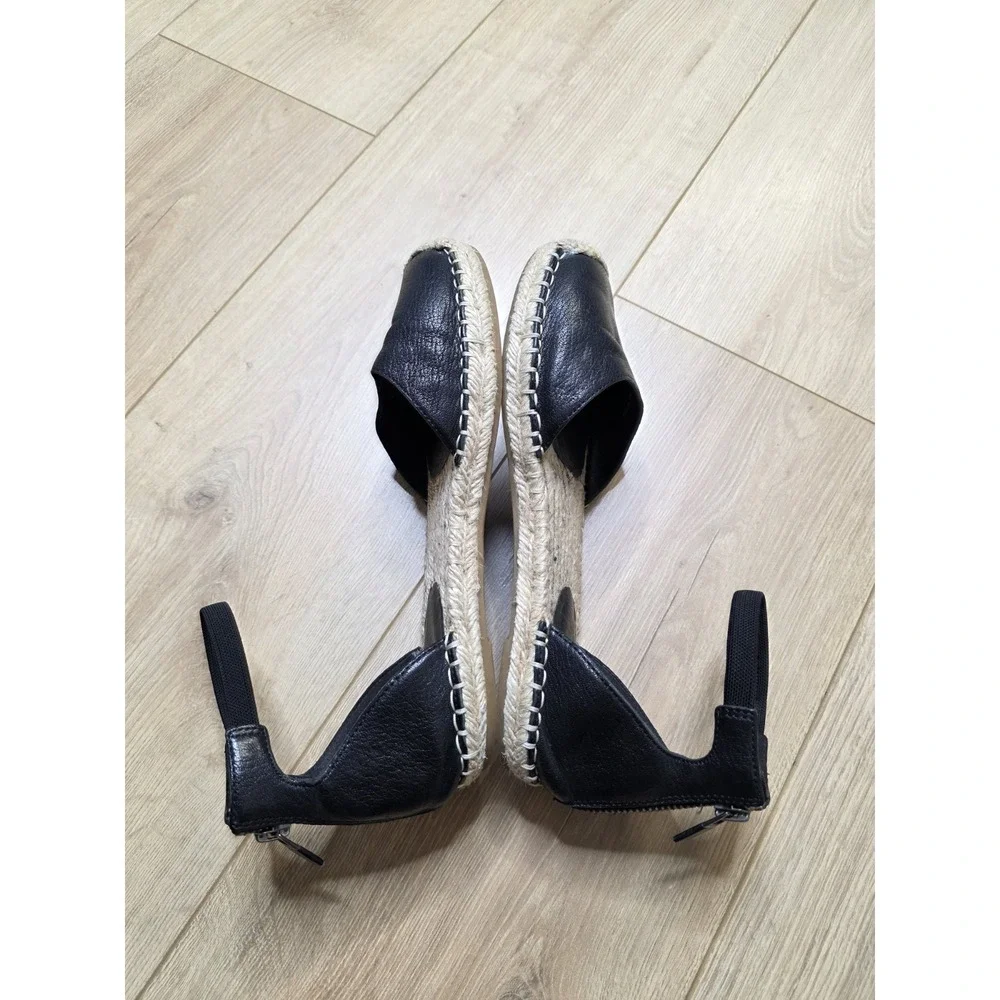 Eileen Fisher Lala Espadrille Flat Sandals Black Leather Ankle Strap Size 6.5